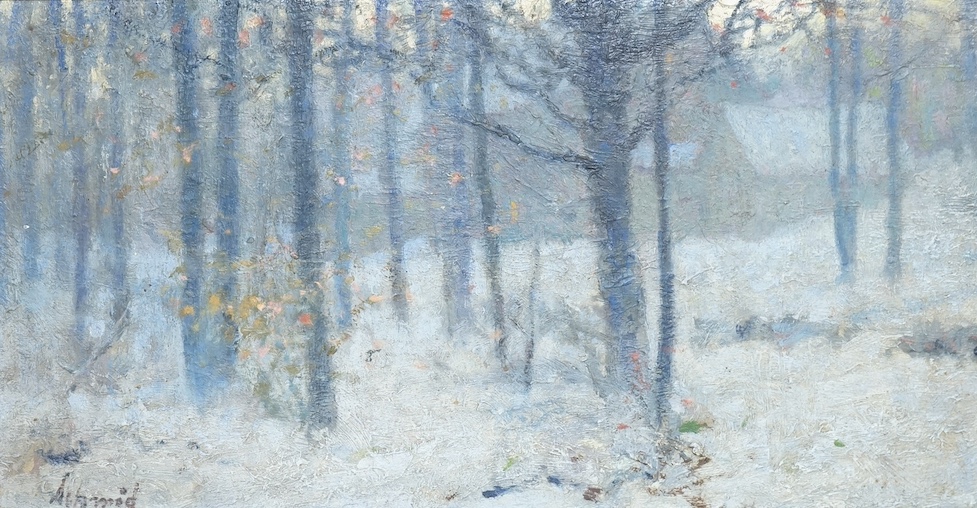 Richard Schmid (American, 1934-2021), oil on board, Winter landscape, signed, inscribed Connecticut 1960 verso, 18 x 35cm. Condition - fair, would benefit from a clean
